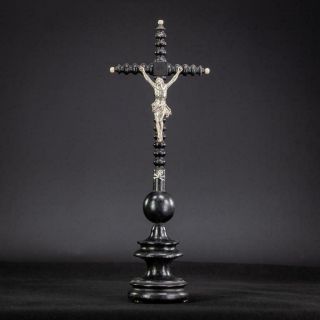 Altar Crucifix | Standing Wooden Cross | Solid Silver Antique Jesus Christ | 20 "
