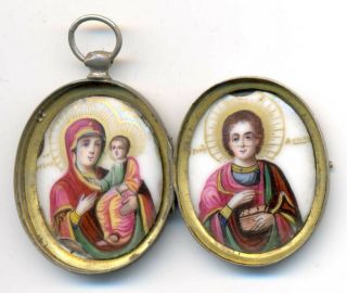 Russian Silver 84 Enamel Hand Painted Icons Pendant Moscow 1880s Extremely Rare