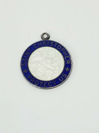 Vintage Sterling Silver St Christopher White & Blue Enamel Pendant Charm Medal