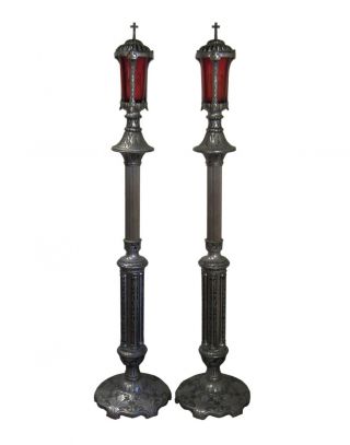 Antique Pair Catholic Church 60 " Metal Ruby Glass Altar Candle Holders Stands 5 