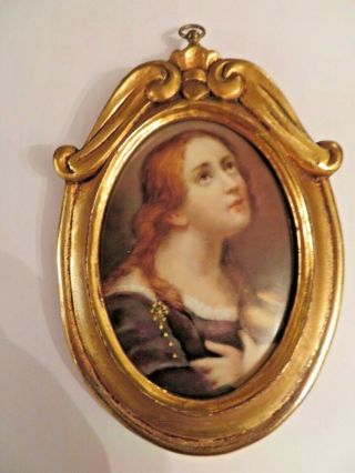 Antique Painting On Porcelain Of St Lucia Of Syracuse In Framing.