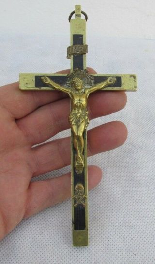 Rare Big Pectoral Crucifix,  Brass And Wood,  Skull & Bones,  Very Good