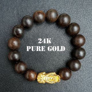 999 Pure 24k Gold 3d Lucky Pixiu 10mm Agarwood Kalimantan Bracelet