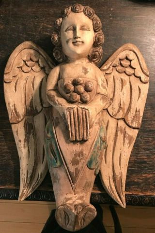 Antique Hand Carved Winged Angel Cherub Folk Art Artemis Putti Figure 14 " Tall