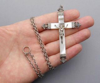 French,  Antique Religious Crucifix.  Silver & Mother Of Pearl.  Cross Jesus Christ
