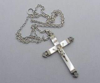 French,  Antique Religious Crucifix.  Silver & Mother of Pearl.  Cross Jesus Christ 2