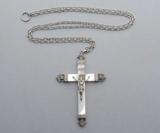 French,  Antique Religious Crucifix.  Silver & Mother of Pearl.  Cross Jesus Christ 3