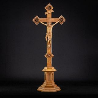 Altar Crucifix | Standing Wooden Cross | Wood Carved Corpus Christi Antique 28 "
