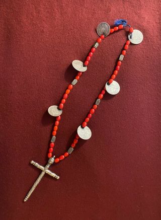 Red Carnelian Rose Beads Vintage Rosary Necklace Cross South American Torsade