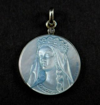 Blessed Virgin Mary Medal Tschudin Charm Pendant Blue Mother Of Pearl 18k Gold