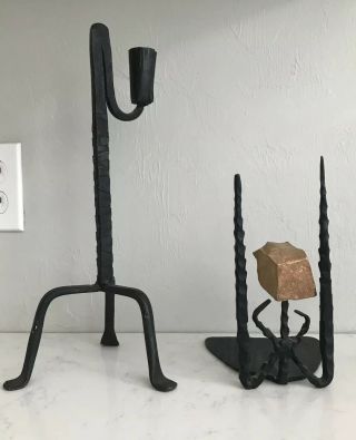 David Palombo Art Wrought Iron Stone Brutalist Judaica Candleholder & Bookend