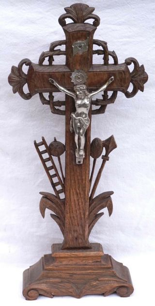 Altar Crucifix Christ Silvered Spelter Wood Carving Black Forest French