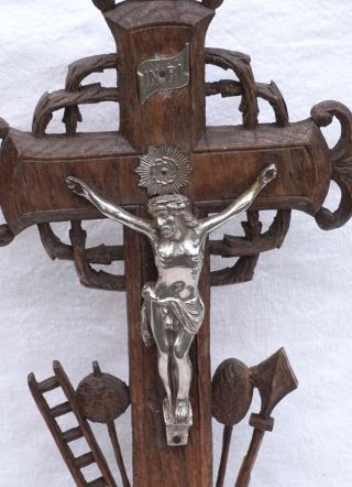 Altar Crucifix Christ Silvered Spelter Wood Carving Black Forest French 2