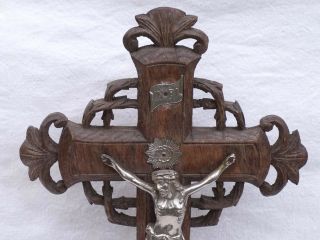 Altar Crucifix Christ Silvered Spelter Wood Carving Black Forest French 3