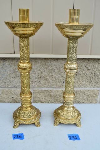 , Ornate Polished Brass Church Altar Candlesticks 18 1/4 " Ht. ,  (cu 736)