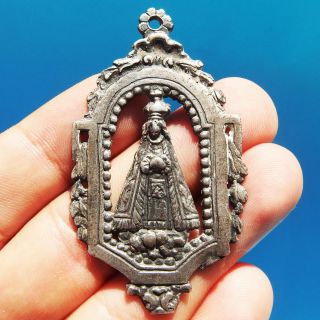 Large Blessed Virgin Mary Silver Medal Old 18th Century Religious Charm Pendant