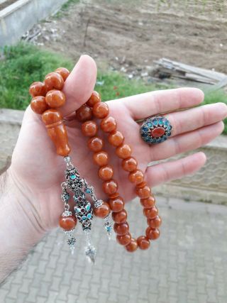 Rare German Faturan Prayer Beads Bakelite Tesbih Islamic Rosary Silver Ring 925s 2