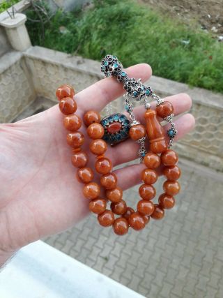 Rare German Faturan Prayer Beads Bakelite Tesbih Islamic Rosary Silver Ring 925s 3