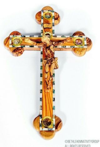 Hand Carved Olive Wood & Mother Of Pearl Crucifix From Bethlehem,  The Holy Land