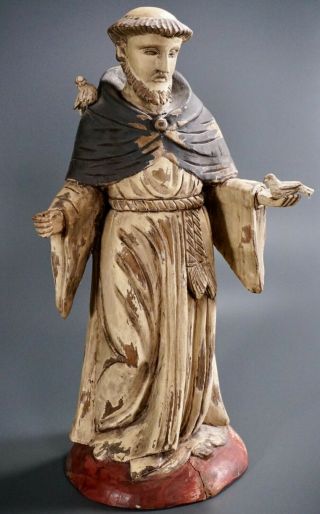 St.  Francis Of Assisi Carved Wood Statue Santos With Birds