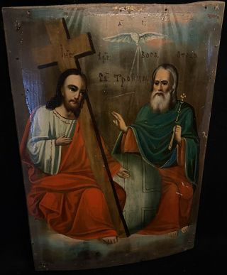Late 19th Century Russian Icon Holy Trinity Tempera On Wood Panel Painting