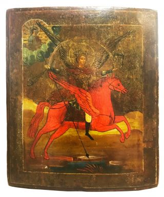 19th C Russian Icon Of The Archangel Michael As Horseman Of The Apocalypse
