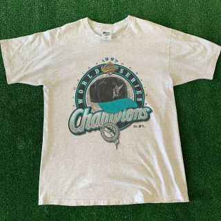 Vintage 1997 Florida Marlins Baseball World Series Champions White T Shirt Sz L