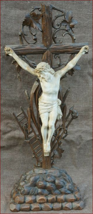 Large 29 " Black Forest Altar Crucifix Christ Cut Engraved Wood Plaster 19th C