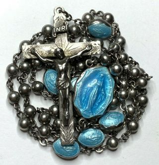 † No Longer Made Htf Vintage Sterling & Blue Enamel Elements Rosary 27 1/2 " †