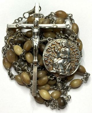 † No Longer Made Vintage Signed " Creed " Sterling Brown Horn Rosary 25 1/2 " 47 G†