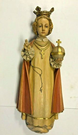 Religious Infant Of Prague Hand Carved Wood Statue / Plaque - Italy 1950 