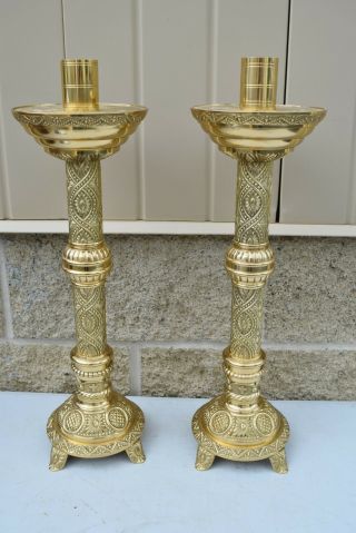, Ornate Polished Brass Church Altar Candlesticks,  18 1/4 " Ht,  (cu 735)