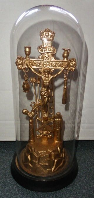 Vtg Intruments Of The Passion Crucifix Cross Bronze Arma Christi Weapons W/ Dome