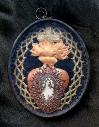 Gorgeous Antique Ex Voto Reliquary Picture Sacred Heart Of Jesus Memento Mori