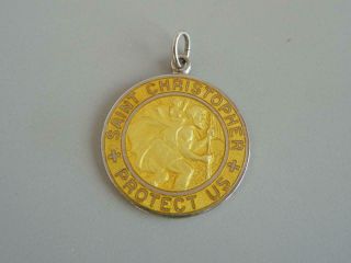 Vintage Charm Pendant St Christopher Protect Us Sterling Silver Yellow Enamel