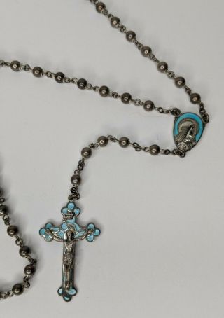 Rare Antique Religious Creed Sterling Silver Blue Guilloche Enamel Rosary Beads