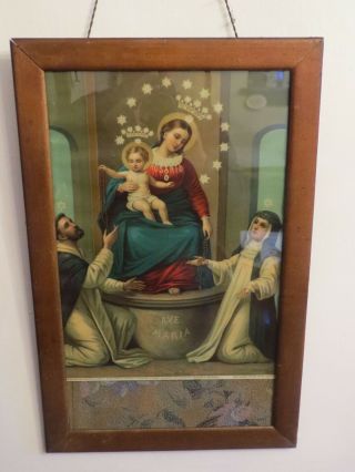 Antique Religious Framed Print ”madonna Of The Rosary” By Leiber From Germany