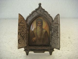 Rrr Rare Antique Small Silver Plate Orthodox Triptych Icon Saint John Of Rila