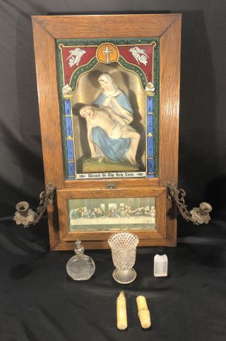 Antique Catholic Prayer Box Holy Hanging Last Rites Mary Jesus W/ Candleholders