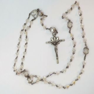 Vintage Sterling Silver Aurora Borealis Crystal Beads Holy Spirit Dove Rosary