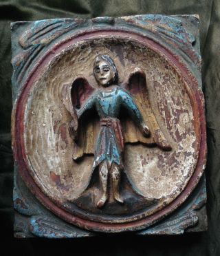 Antique Vintage Spanish Polychromed Carved Wood Relief Icon Angel Gabriel Figure