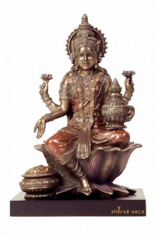 Bronze Lakshmi Statue With Wooden Base 8inches Goddess Of Wealth Immortal Nectar