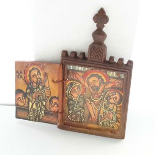 Antique Ethiopian Coptic Christian Orthodox Old Wood Icon Triptych Painted