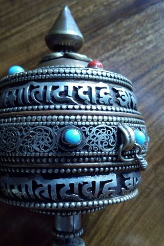 Rare Antique 10 1/2″ Silver Filigree and Copper Tibetan Buddhist Prayer Wheel 3
