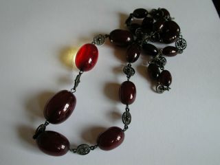 Antique Vintage Cherry Amber Bakelite Necklace Prayer Beads Art Deco Silver 30s