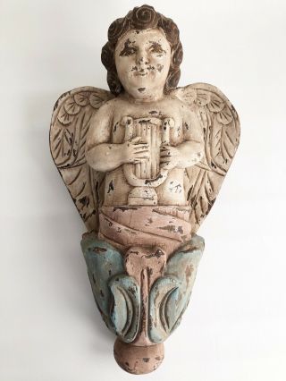 Vintage Hand Carved Wood Angel Cherub Santos Wall Sculpture Folk Art 15” Signed