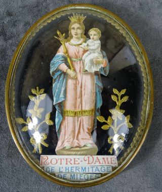 Antique French Reliquary / Ex Voto Our Lady Of The Hermitage Domed Glass