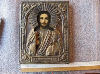 Old Orthodox Iconof The Jesus Christ In A Wrought Bronze Salary,  19th