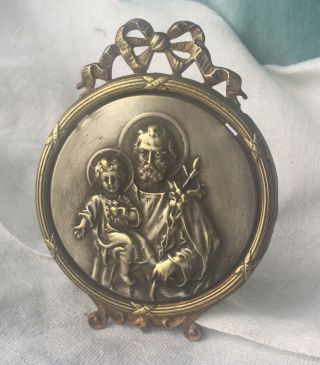 French Antique St.  Joseph Plaque Easel Picture Relief Jesus 1800s Metal Silver