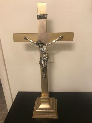Antique 24” Religious Church Altar Crucifix Gold/silver Metal Jesus Cross